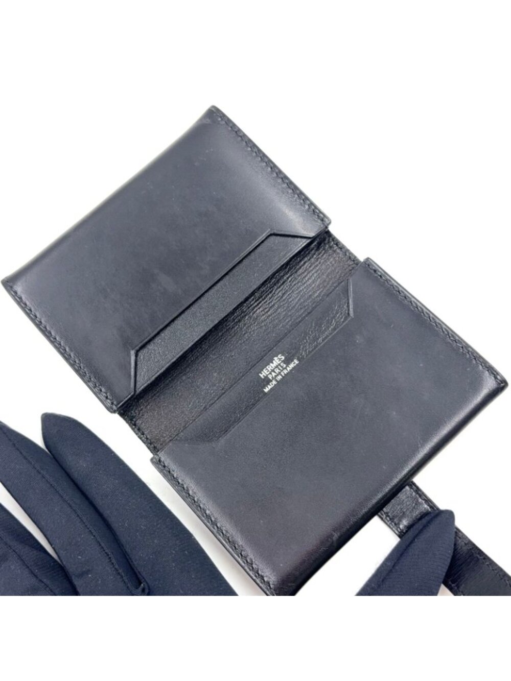 Hermes Bearn Box Calf Black Card Case Silver - Picture 3 of 15